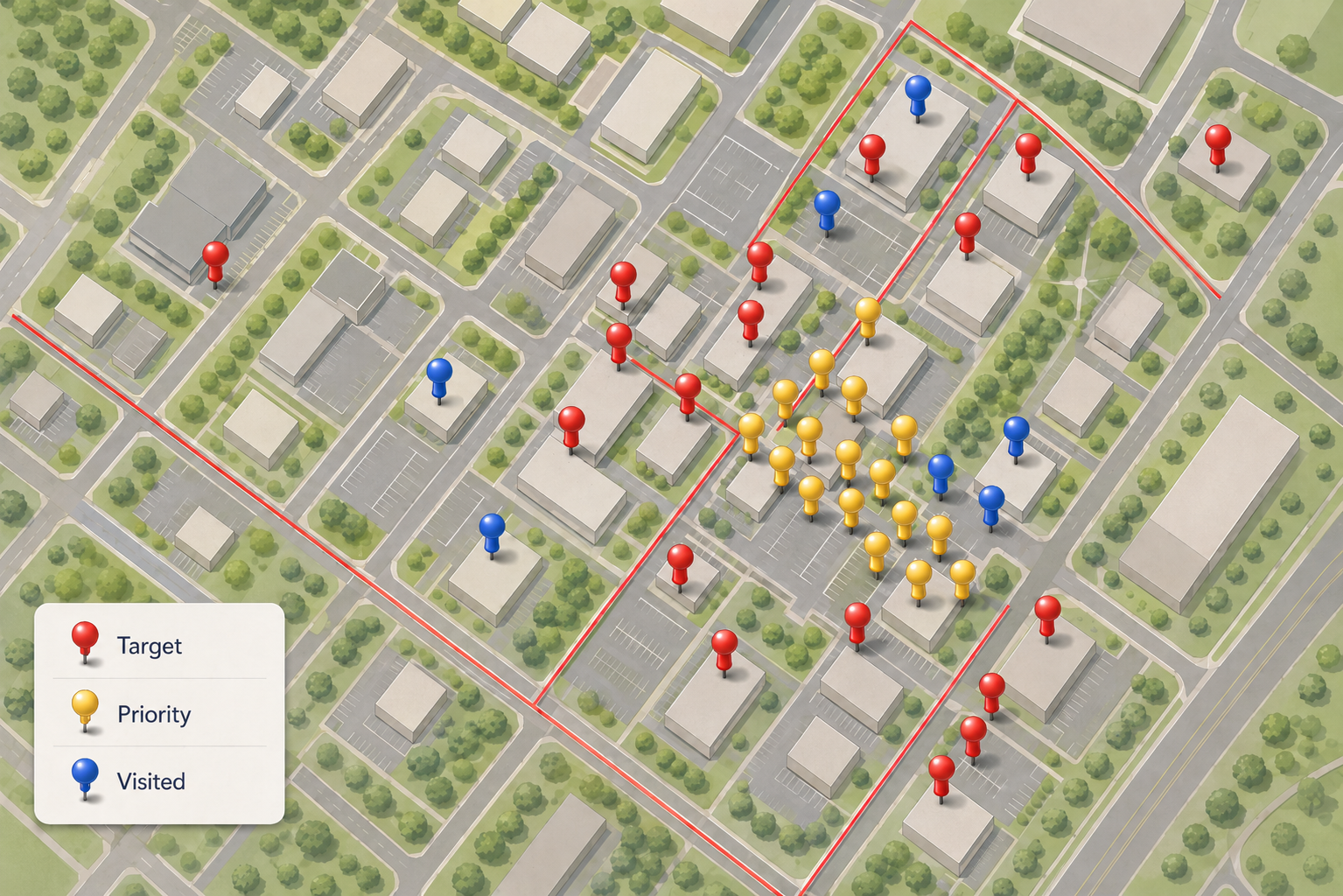 Illustrated acquisition target map with target, priority, and visited properties